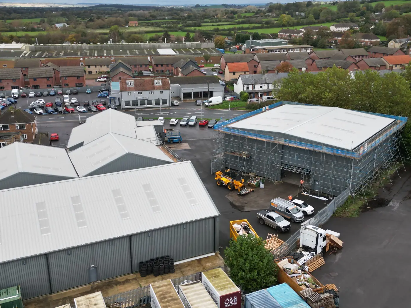 Aerial view across the completed roofs