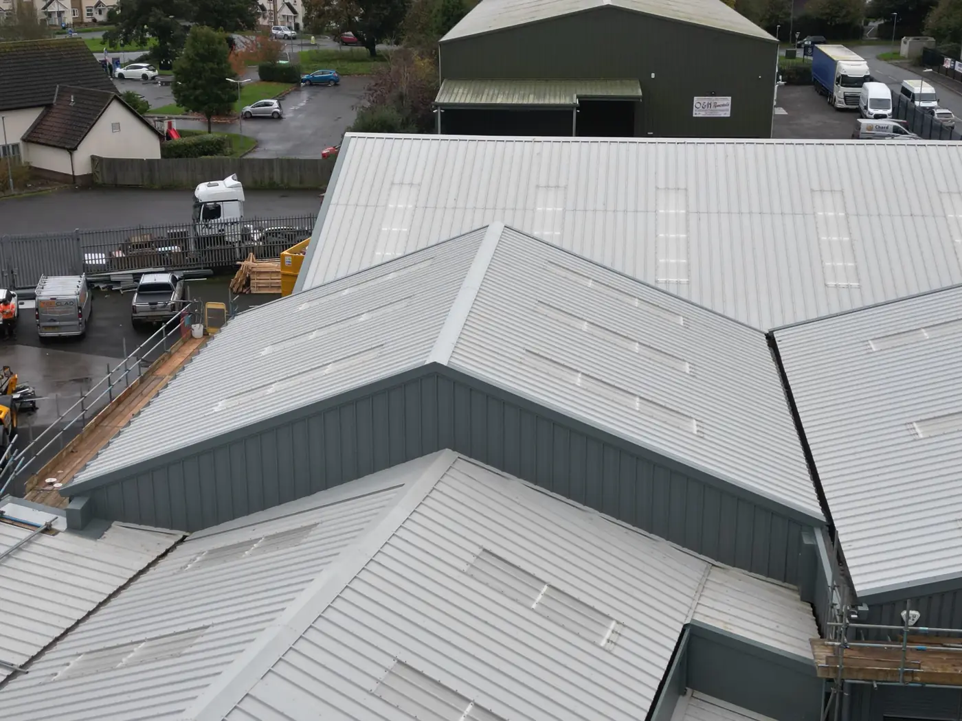 Aerial view of the new composite roofs at Brakes Motor Company