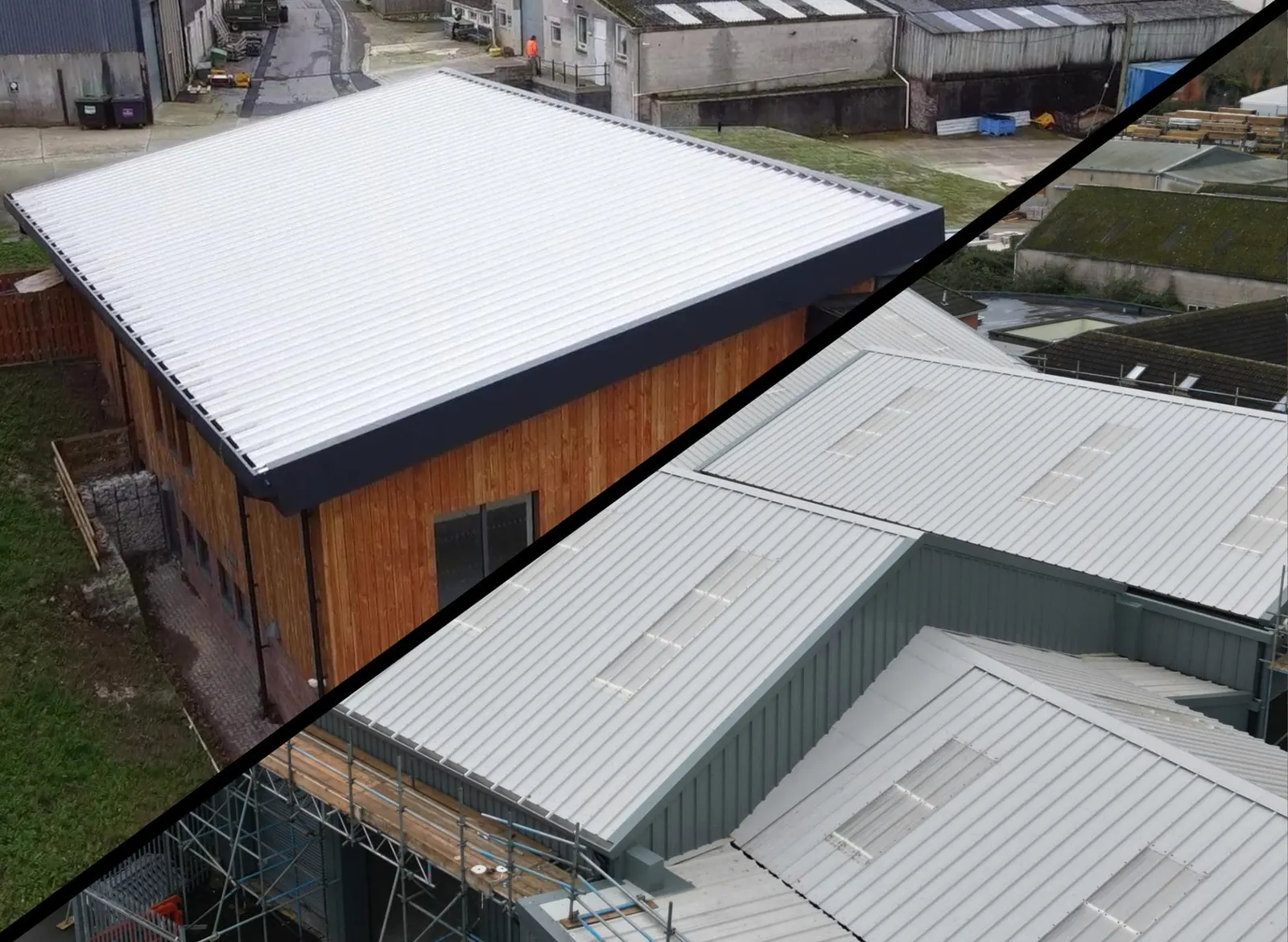 Steel vs aluminium cladding comparison showing two modern industrial buildings with metal roofing and wall panels highlighting the difference in materials and finishes.