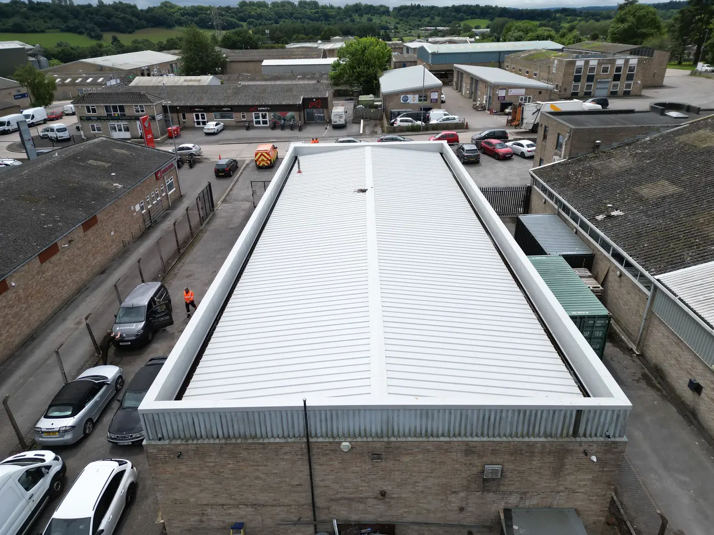 Aerial view of the new composite roof at TR Autos, Yeovil