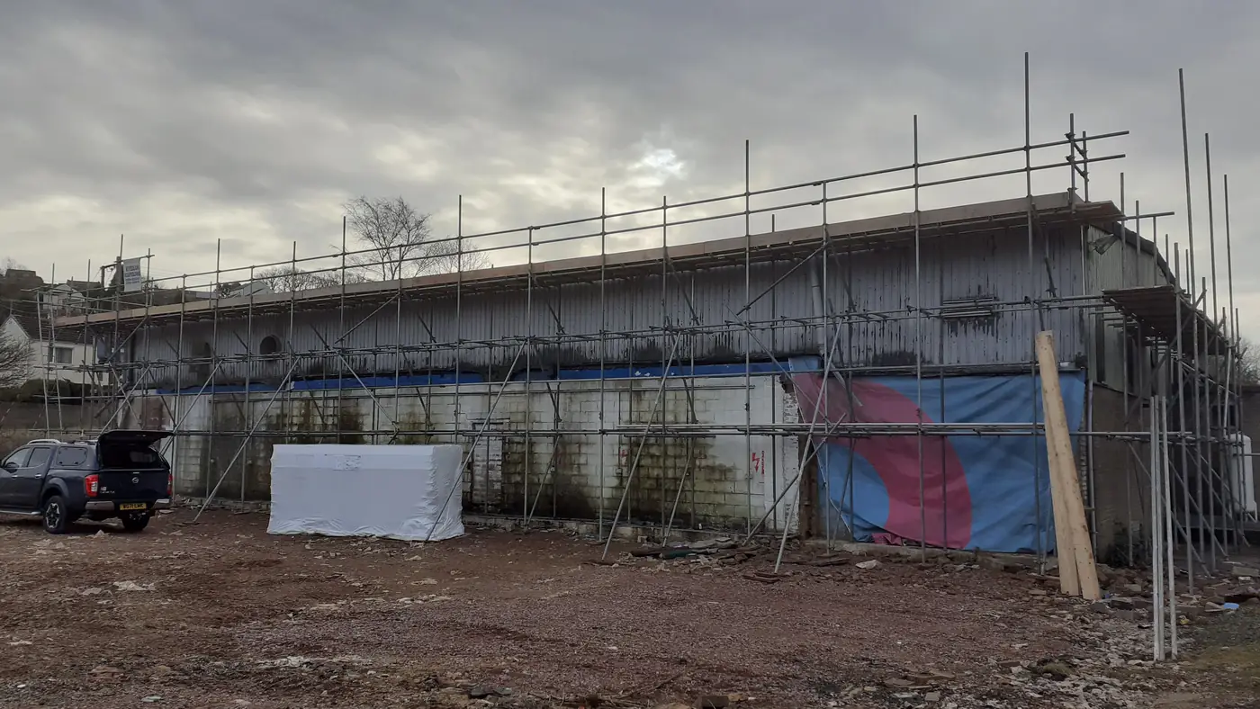 Scaffolding up around the building before work began